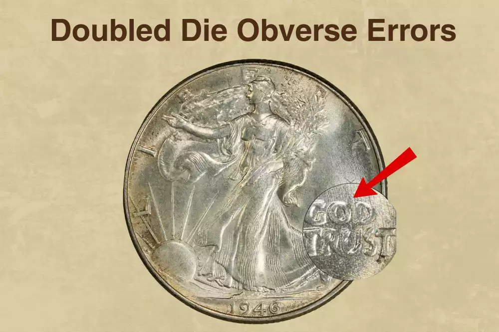 Side-by-side comparison of normal 1941 half dollar obverse and Doubled Die Obverse variety showing doubled lettering