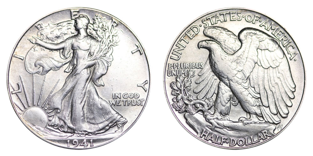 Group of 1941 Walking Liberty Half Dollars from Philadelphia, Denver, and San Francisco mints showing typical specimens