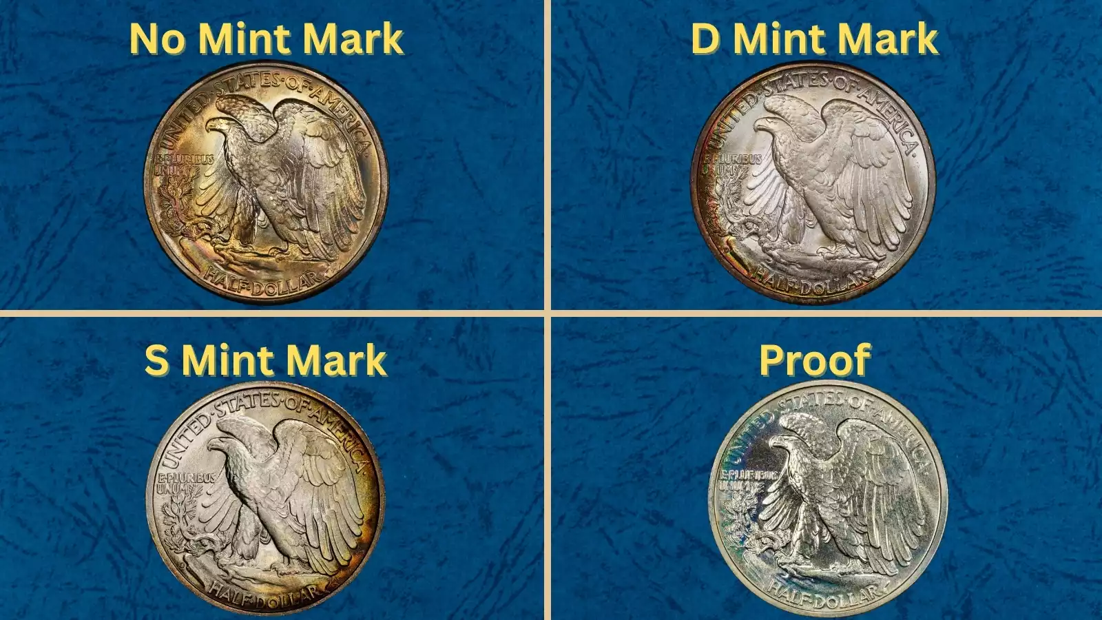 1941 Walking Liberty Half Dollar grading strip showing four coins from worn Good grade through Gem Mint State MS-65